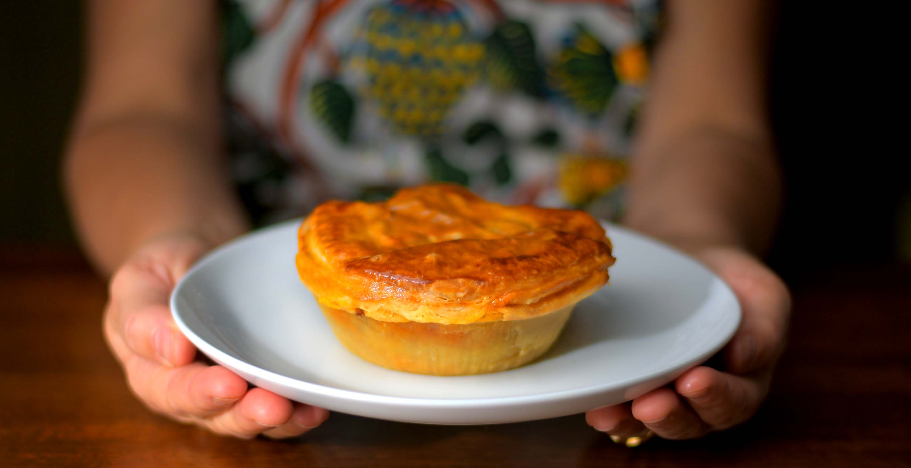 Cooked pot pie on a plate held in hands.